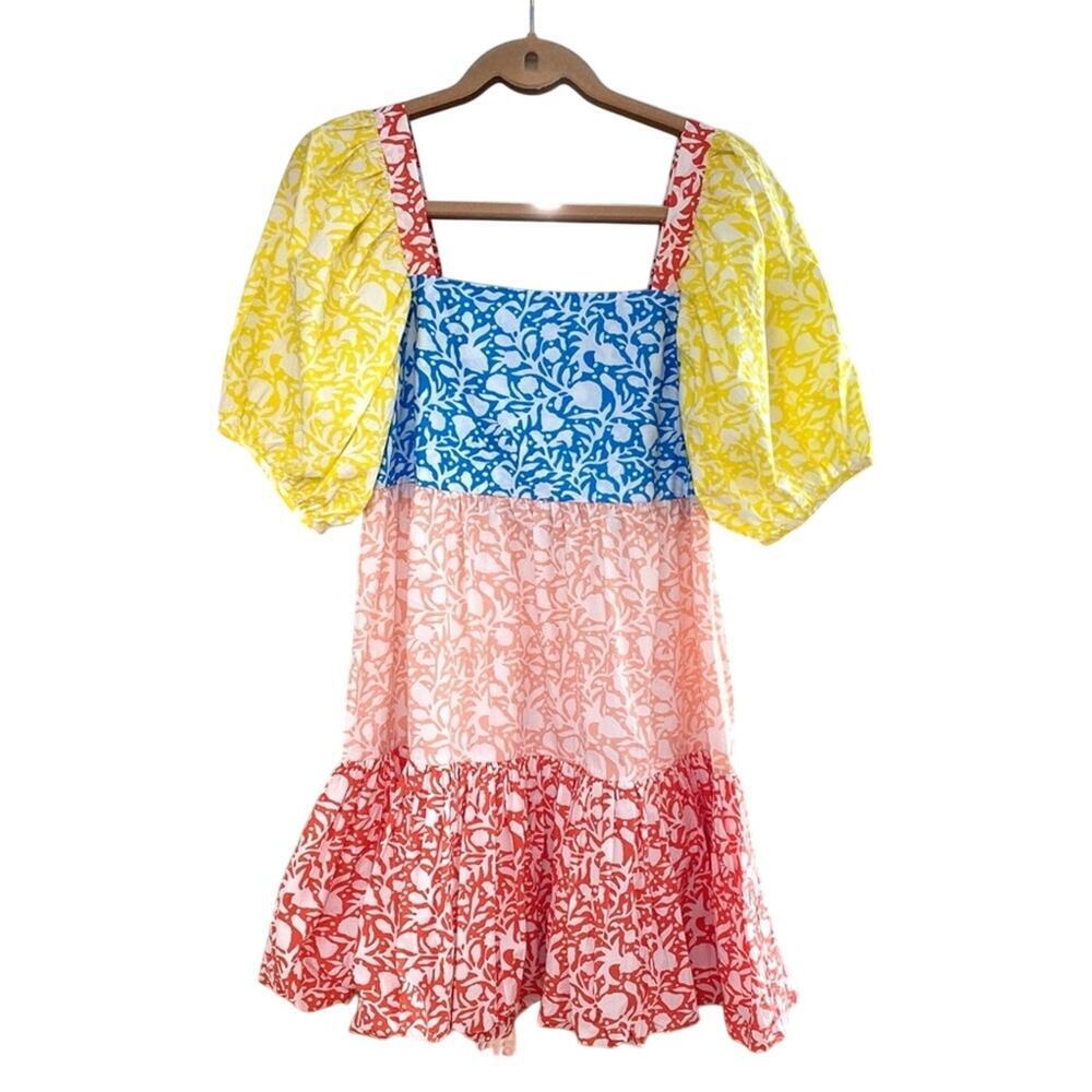Oliphant Tuckernuck Canary Multi Bubble Skirt Mini Cotton Dress Puff Sleeves NEW - Picture 12 of 15